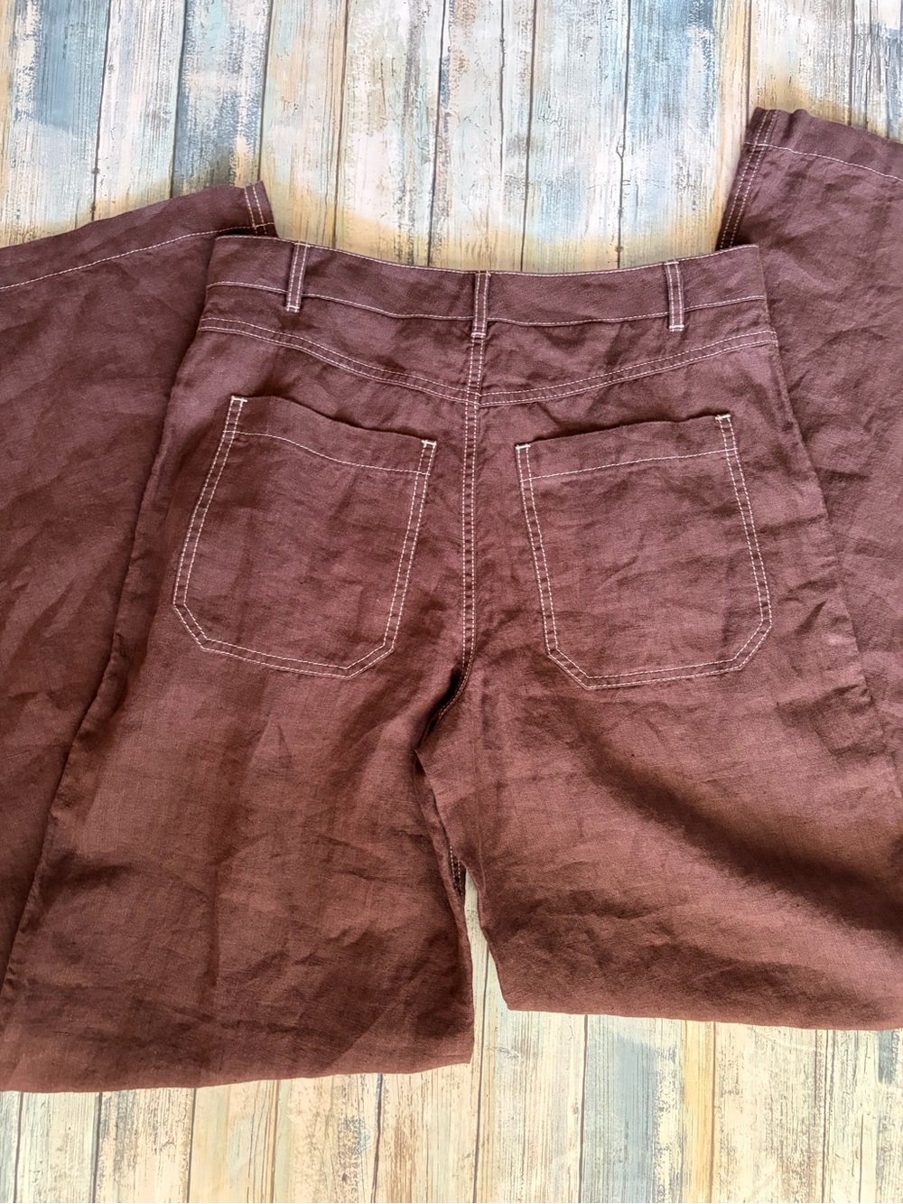 Madewell Zoe Floppy Wide-Leg Linen Pants in Dark Brown/White Stitching Size 6 - Picture 10 of 11